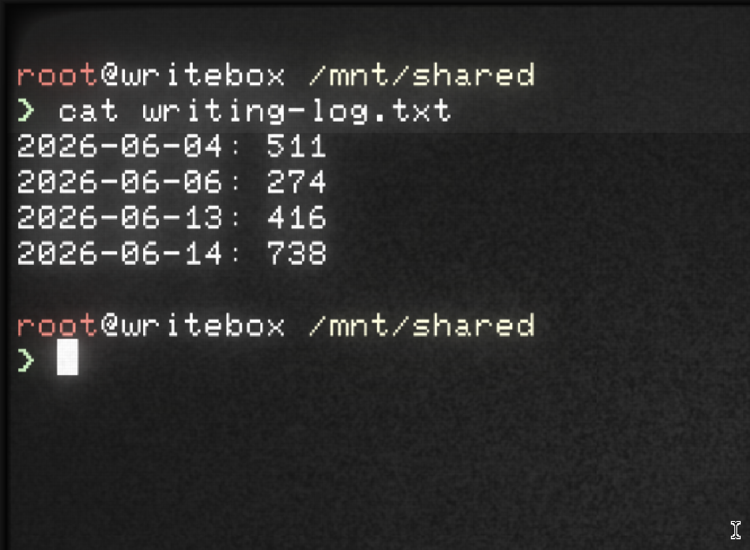 Contents of writing-log.txt file showing word counts